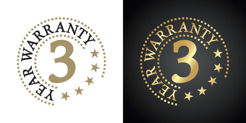 3 Year Warranty five stars white gold black logo icon label button stamp vector