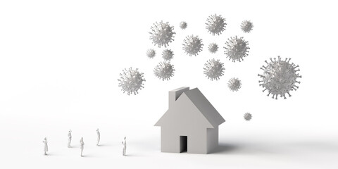 Fototapeta premium House surrounded by virus with people watching. Real estate threatened by viruses. 3d illustration.