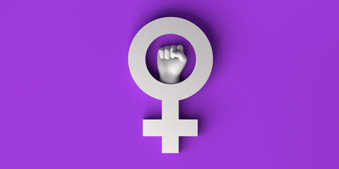 Banner with female symbol and clenched fist with shadows. International Day for the Elimination of Violence against Women. November 25. Feminism. 3d illustration. Women's Day, march 8.