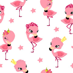 Seamless pattern in cartoon style, children's theme with fun and attractive flamingo. Vector illustration