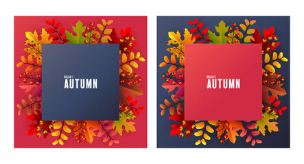 Autumn holiday seasonal background with colorful autumn leaves, mushrooms, owls, golden pods, squirrels, and elements paper cut craft style on color background.