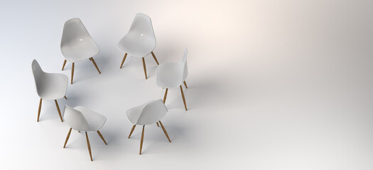 Chairs in a circle. Meeting. White background. Banner. 3d illustration.