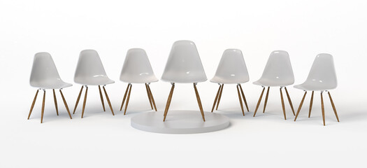 Chairs on a white background with a prominent chair in the center on a platform. Banner. 3d...