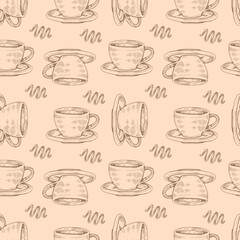 Detailed hand-drawn sketch coffee cups on the beige background.
