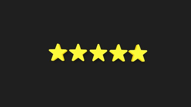 Five stars customer product rating review flat icon for apps and websites on black background. Feedback stars. Motion graphic.