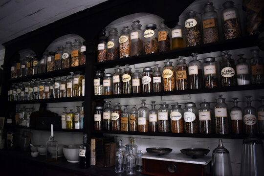 A wall of shelves filled with old glass apothecary bottles. The bottles are labeled and filled with various herbs.