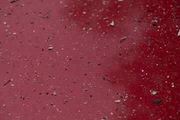 Fire ashes on the surface of a red car- air pollution concept, from fires