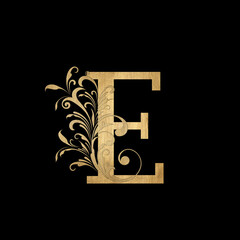 Luxury Boutique Letter E Monogram Logo, Vintage Golden Letter With Elegant Floral Design