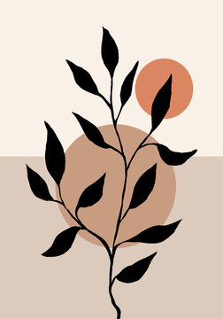 Abstract trendy Botanical wall art. Foliage line art drawing with shape. Minimal, natural wall art.