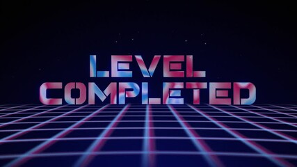 Synthwave wireframe net 80s with text LEVEL COMPLETED. Retro futurism background. 3d illustration render seamless loop. 4k - Powered by Adobe
