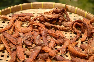 close up dry tamarind in market