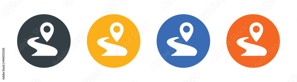 Poster Route vector icon. Road with a location sign on button design.