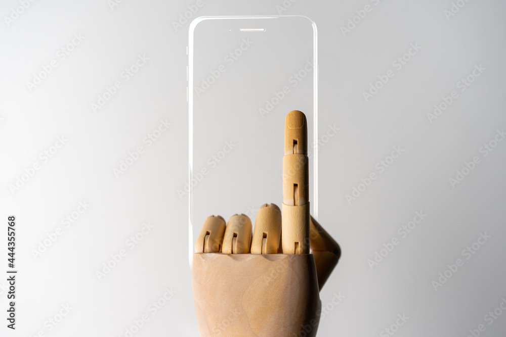 Wall mural wooden hand with number 1 posture point or touch with lighting frame of mobile phone on white backgr