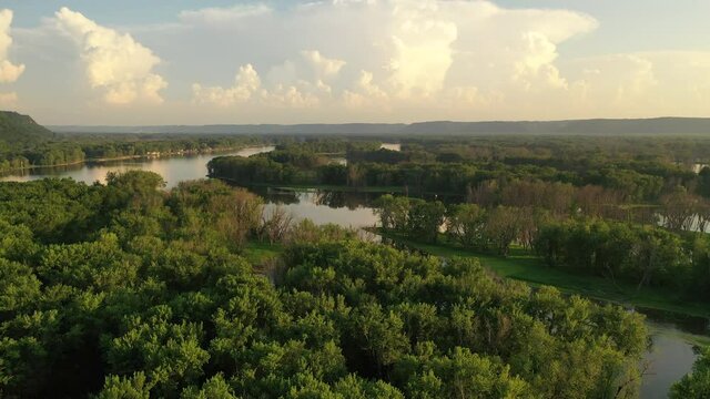Aerial scenic view of Mississippi river, bluffs at sunset. Minnesota Wisconsin border 