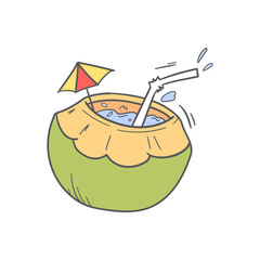Fototapeta na wymiar Hand drawn fresh coconut water, tropical beverage. Summer vacation related