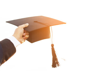 close up people show hand hold show hat in background School building. Shot of graduation cap...