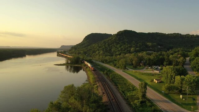 Aerial scenic view of Mississippi river, bluffs at sunset. Minnesota Wisconsin border 