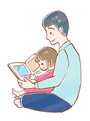 絵本の読み聞かせをしているお父さんと女の子のイラスト