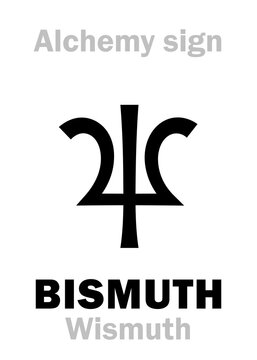 Alchemy Alphabet: BISMUTH (Bismuthum/Bisemutum < german: Wismuth "white mass"), also: Tinglass. Also: Bismuth ore, metal. Chemical formula=[Bi]. Alchemical sign, Medieval symbol.