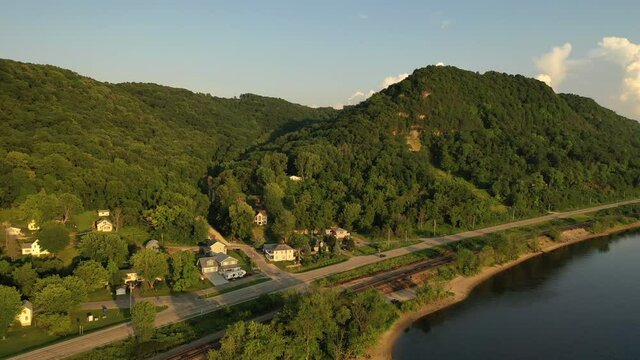 Aerial scenic view of Mississippi river, bluffs at sunset. Minnesota Wisconsin border 