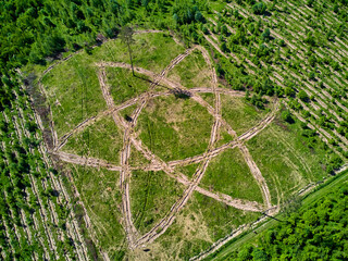 Geoglyph in the form of an atom symbol, an outline where trees are planted, aerial view. District...
