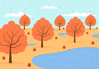 Autumn Background Landing Page Illustration Falling Leaves and Leaf Flying on the Grass. Landscape Trees With Yellow Foliage In Fall Season