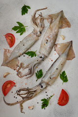 raw squid with parsley, tomatoes, spices, pepper and pink salt, organic seafood, gourmet food top view