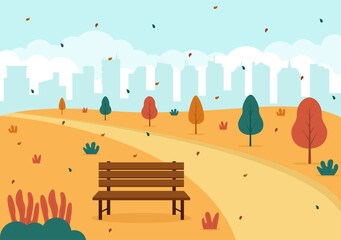 Autumn Background Landing Page Illustration Falling Leaves and Leaf Flying on the Grass. Landscape Trees With Yellow Foliage In Fall Season