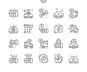 Electrical engine. Electric motor and car. Timing belt. Eco car. Industrial engineering. Pixel Perfect Vector Thin Line Icons. Simple Minimal Pictogram
