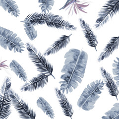 Cobalt Pattern Texture. Navy Tropical Art. Blue Floral Leaves. White Flora Botanical. Indigo Decoration Exotic. Gray Wallpaper Palm. Azure Spring Illustration.