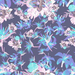 Obraz premium Indigo Pattern Design. Coral Tropical Botanical. Purple Floral Leaves. Navy Flora Botanical. Cobalt Decoration Design. Violet Wallpaper Hibiscus. Blue Spring Leaves.