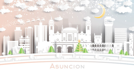 Asuncion Paraguay City Skyline in Paper Cut Style with Snowflakes, Moon and Neon Garland.