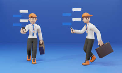 3D cartoon character businessman using smartphone while walking isolate blue background - 3D render