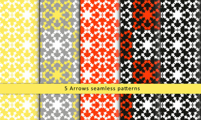 Set with five Arrows backgrounds.Trendy Geometric seamless patterns collection.Vector colorful arrows ornament.
