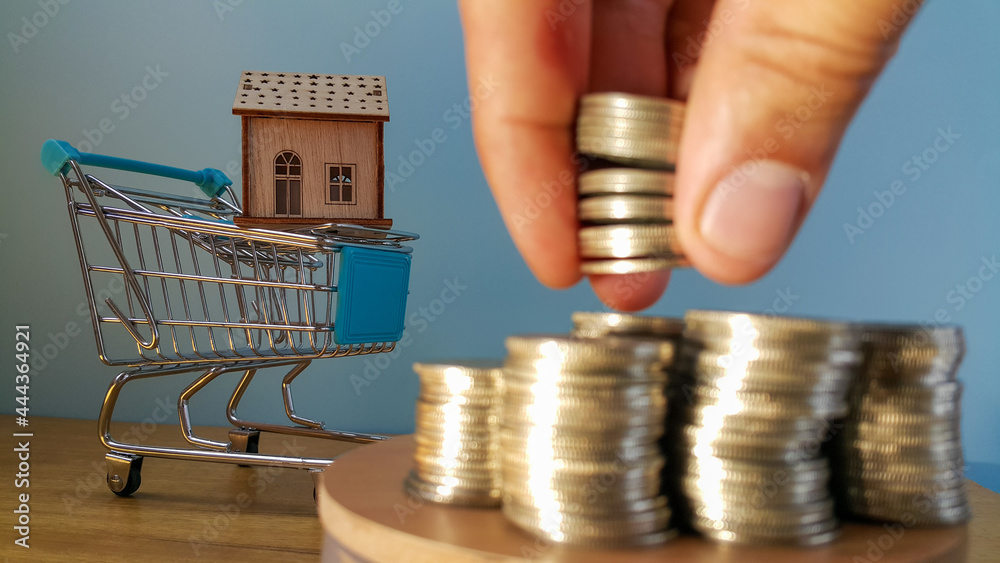 Wall mural A wooden house in a supermarket basket in focus and coins between your fingers without focus. Added coins. The concept of increasing housing prices. Rents are rising. Real estate market growth