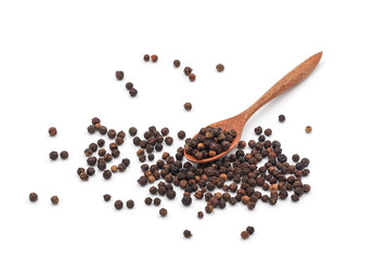 black pepper in a wooden bowl isolated on white background