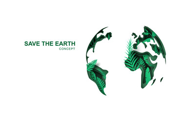 Earth Day. World Environment day. 3d paper cut eco friendly design. Paper carving layer green leaves shapes with shadow Eco concept. Save the earth. Happy Eco Background social poster save the planet