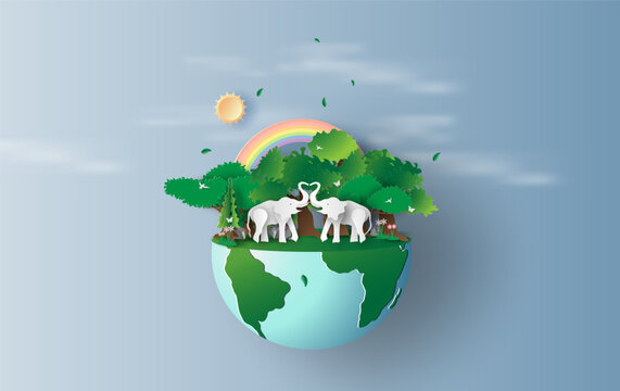 illustration of elephants in forest,Creative Origami design world environment and earth day. paper cut and craft concept.Landscape Wildlife animal with elephants lovers heart in nature by rainbow.