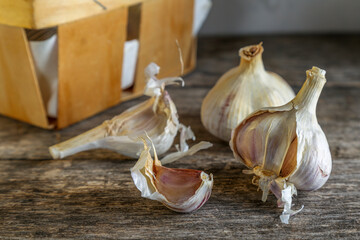 Garlic on an old wooden table