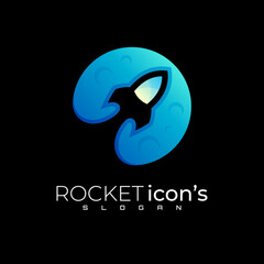 Planet logo and rocket logo design combination, blue color