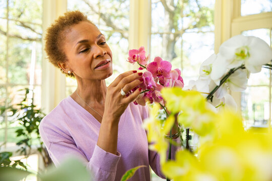 Older woman watering orchid flowers with spray bottle on porch of home 