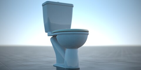A majestic toilet, brightly lit under the blue sky.