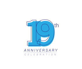 19th anniversary blue colored vector design for birthday celebration, isolated on white background