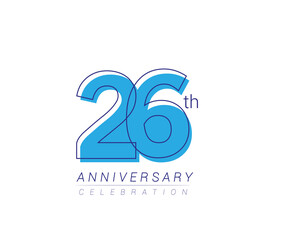 26th anniversary blue colored vector design for birthday celebration, isolated on white background