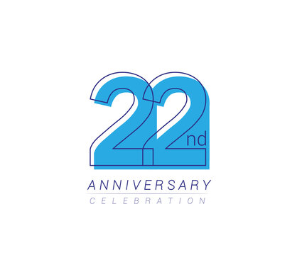 22nd anniversary blue colored vector design for birthday celebration, isolated on white background