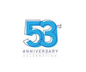 53rd anniversary blue colored vector design for birthday celebration, isolated on white background