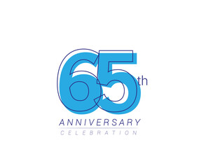 65th anniversary blue colored vector design for birthday celebration, isolated on white background