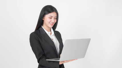 lifestyle business people beautiful working Asian woman , business girl, using laptop computer on office desk , business concept.