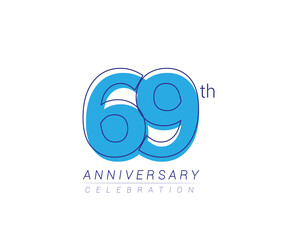 69th anniversary blue colored vector design for birthday celebration, isolated on white background