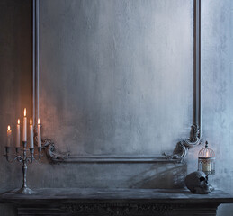 Mystical Halloween still-life background. Skull, candlestick with candles, old fireplace. Horror...